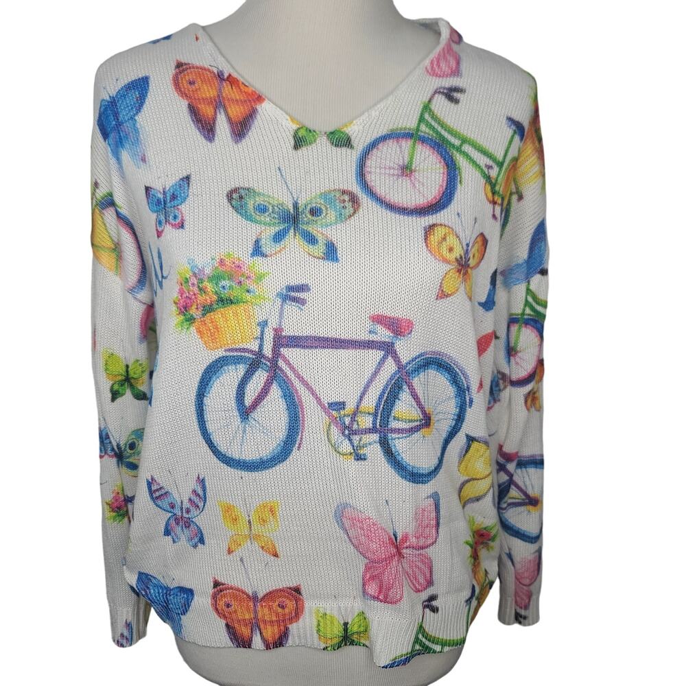 Tricotto Bicycle Butterfly Sweater Medium V-Neck White Watercolor Art to Wear